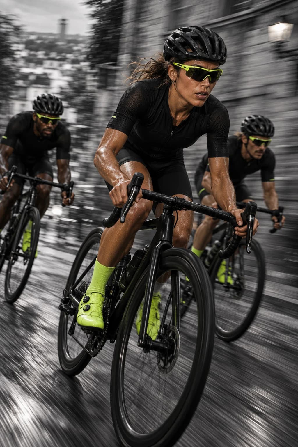 L’effort à vélo, en tenue noire avec des touches chartreuse et un décor filé par la vitesse.