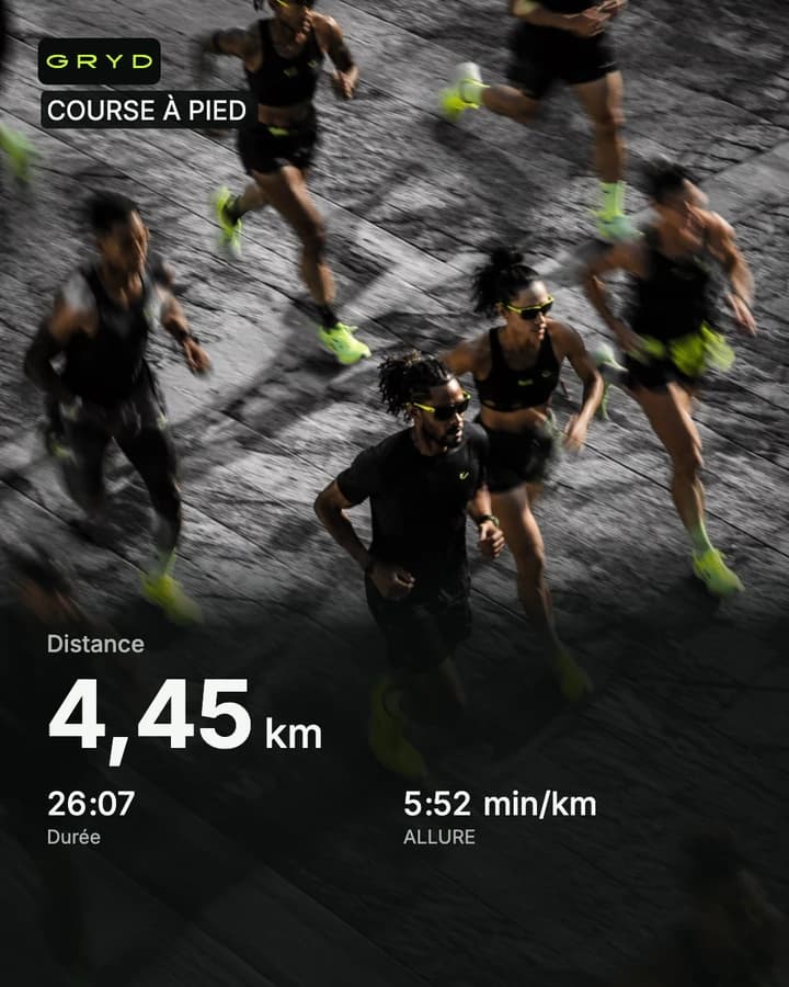 Exemple de partage photo GRYD avec une scène de course urbaine et les résultats de la sortie.