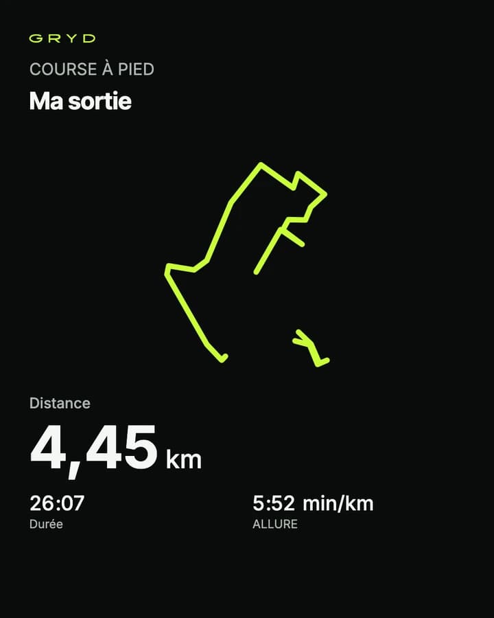 Exemple de partage GRYD : parcours illustratif autour du canal Saint-Martin, distance, durée et allure.