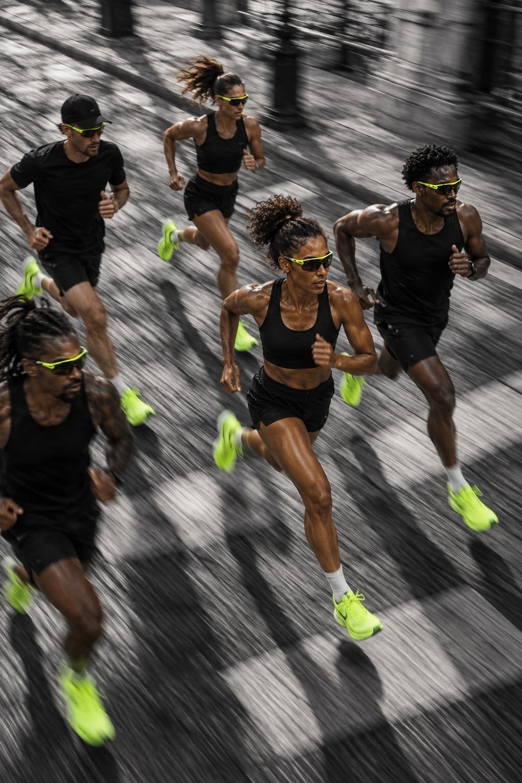 Un crew de coureurs à l’effort, tenues noires, lunettes et chaussures chartreuse, dans un fort filé de mouvement.
